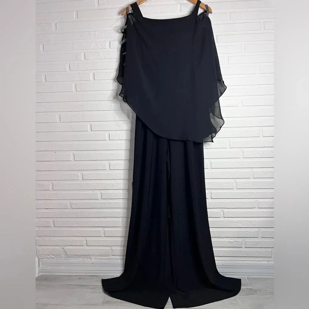 MSK Black Embellished Chiffon Poncho Cold Shoulder Jumpsuit, Women’s Size Small - Picture 1 of 9